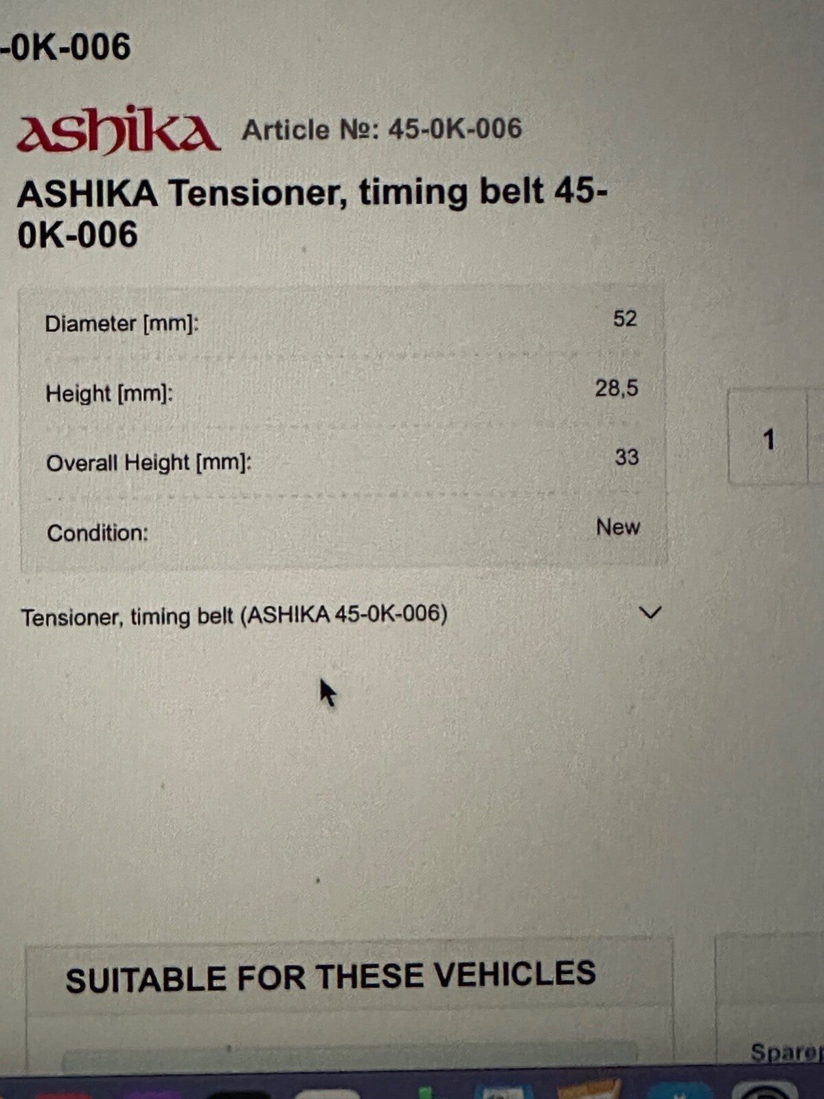 45-0K-006 Ashika Timing Belt Tensioner fit Kia Sephia Mentor Clarus Shuma Carens