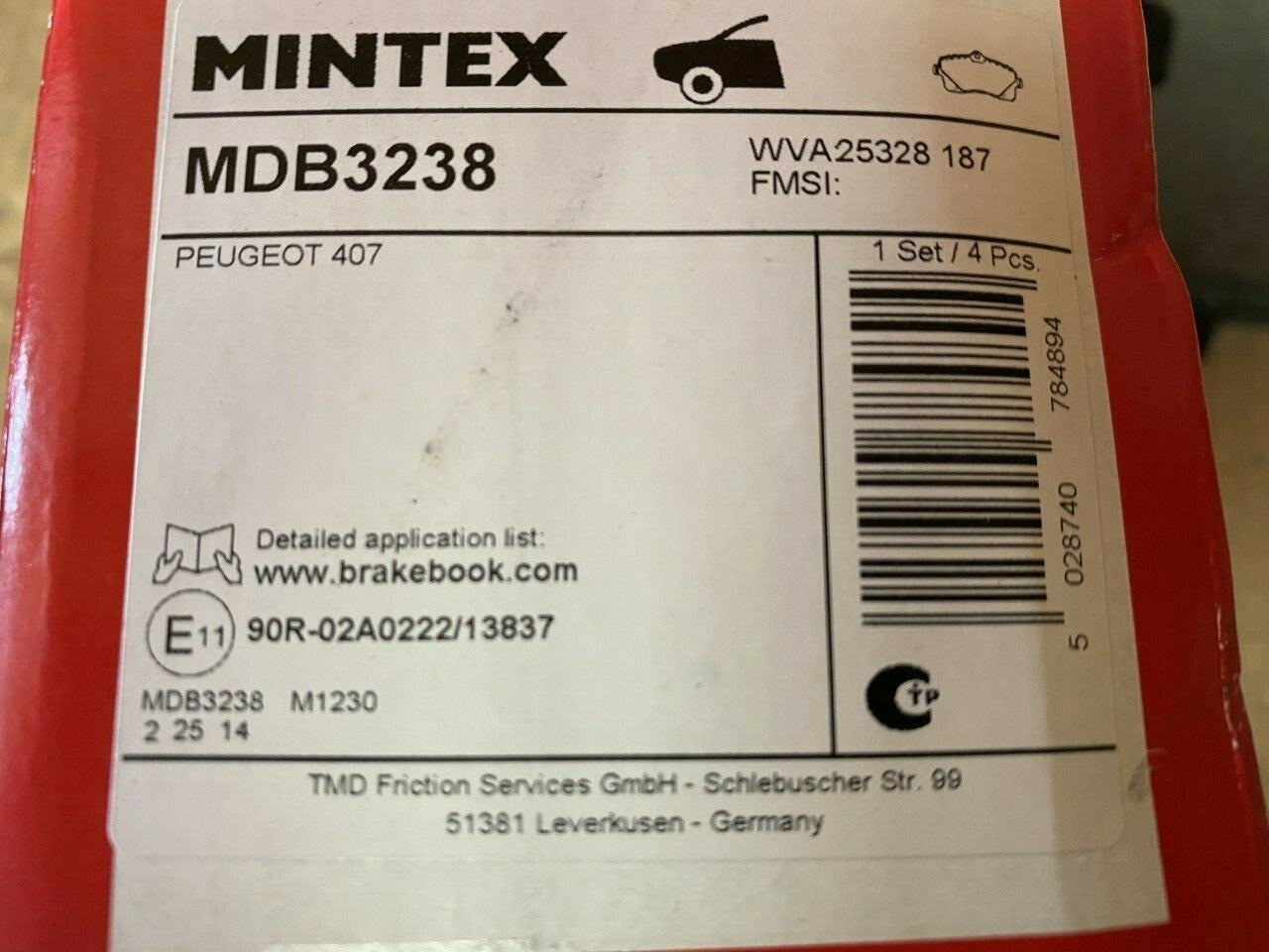 Mintex MDB3238 Front Brake Pad Set fits Peugeot