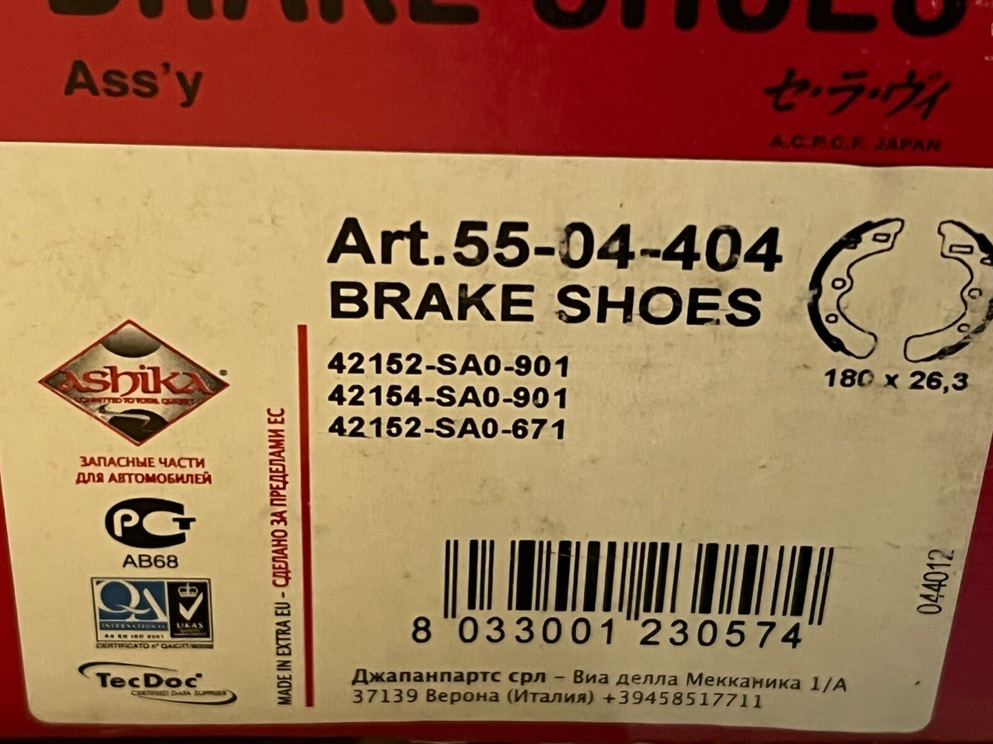 Ashika 55-04-404 Rear Brake Shoe Set fits Volvo