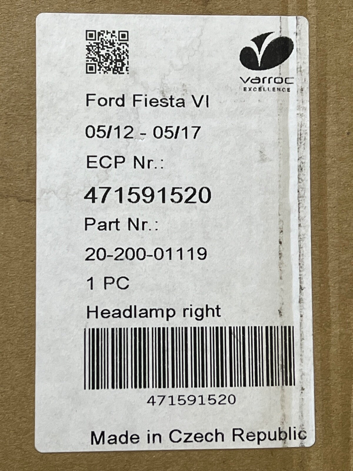 20-200-01119 Right Driver Side Headlight Headlamp Varroc fit Ford Fiesta MK VI