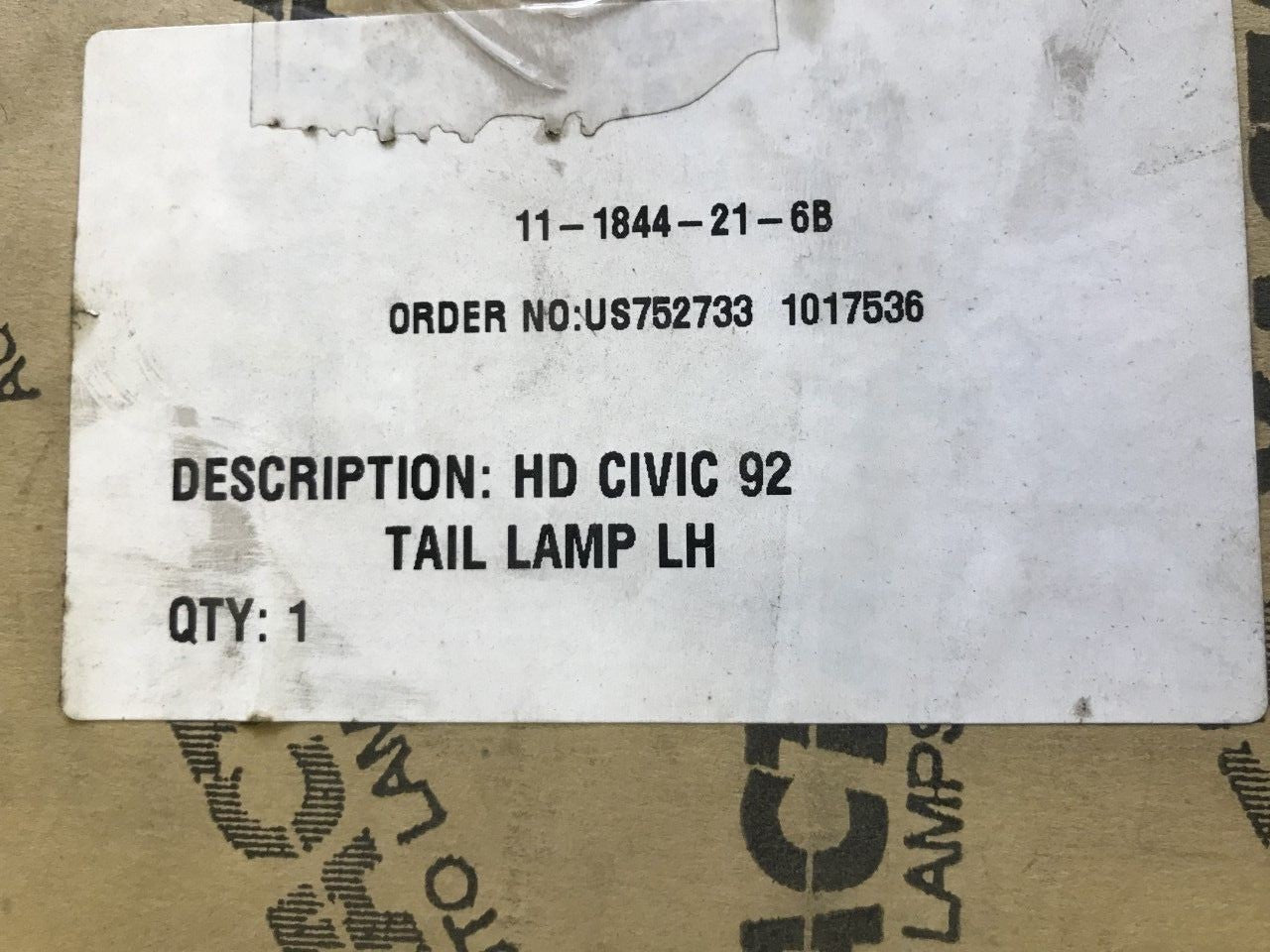 Rear Light Lamp Near Side Left Hand Honda Civic 1992-1995 11-1841-21-6B