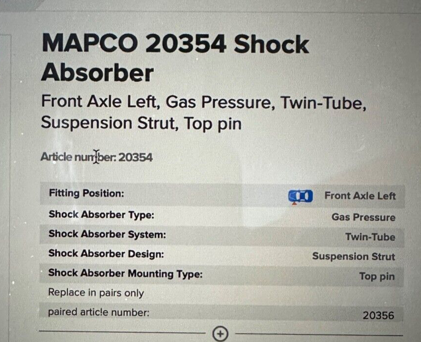 20354 Mapco Front Near Side Left Hand Side Shock Absorber fits Citroen Peugeot