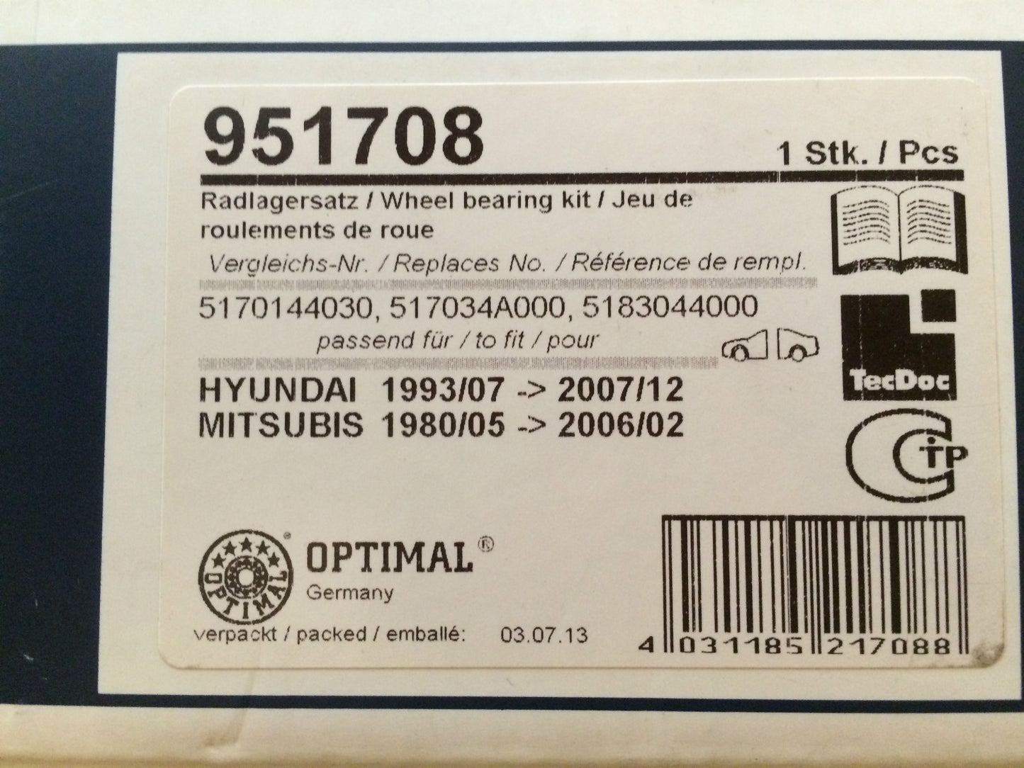 Wheel Bearing Hyundai H-1/H100/i800/iLoad/Mitsubishi L300/L400/L200 951708 NEW