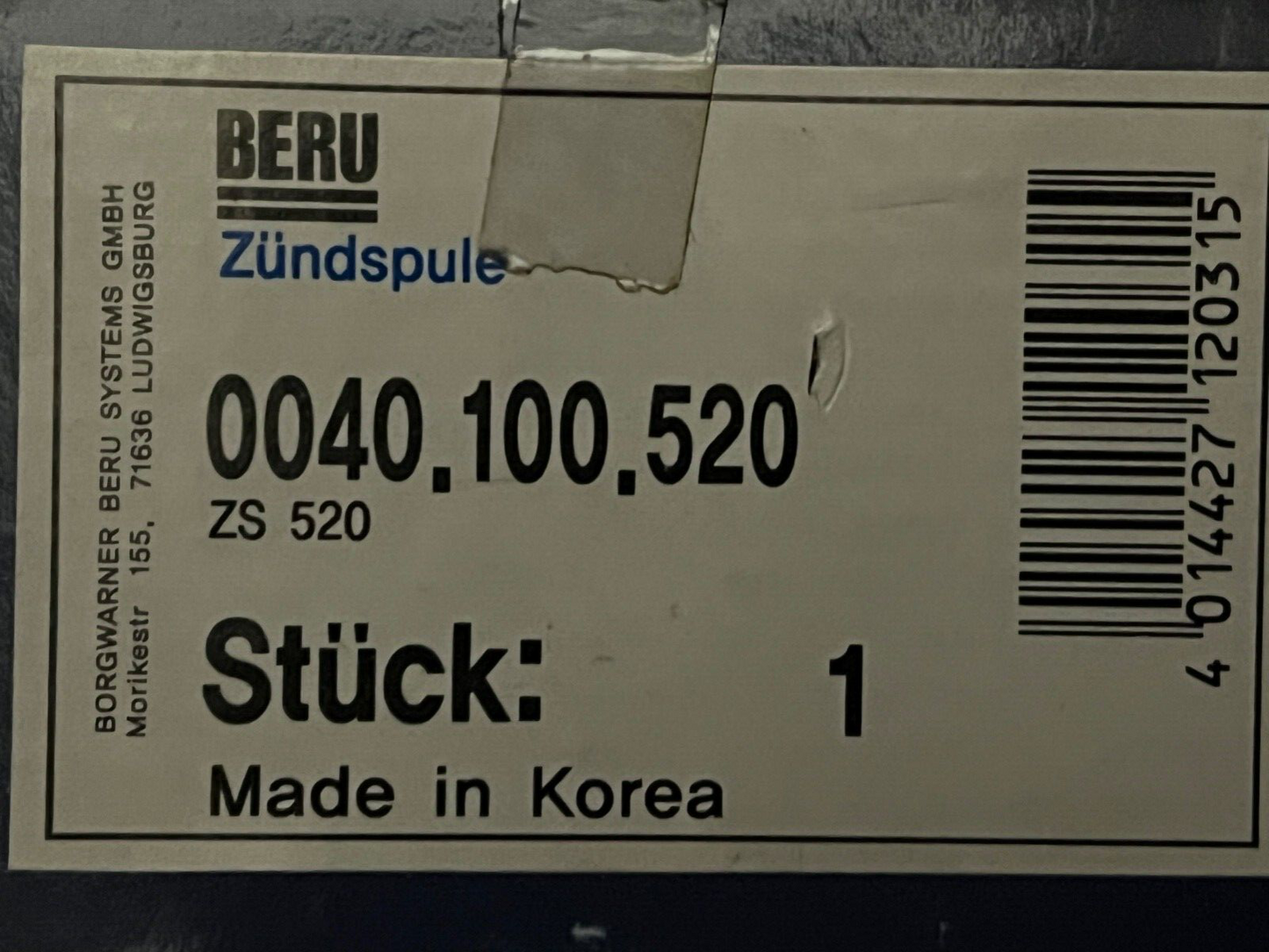 BERU ZS520 004.0100.520 Ignition Coil