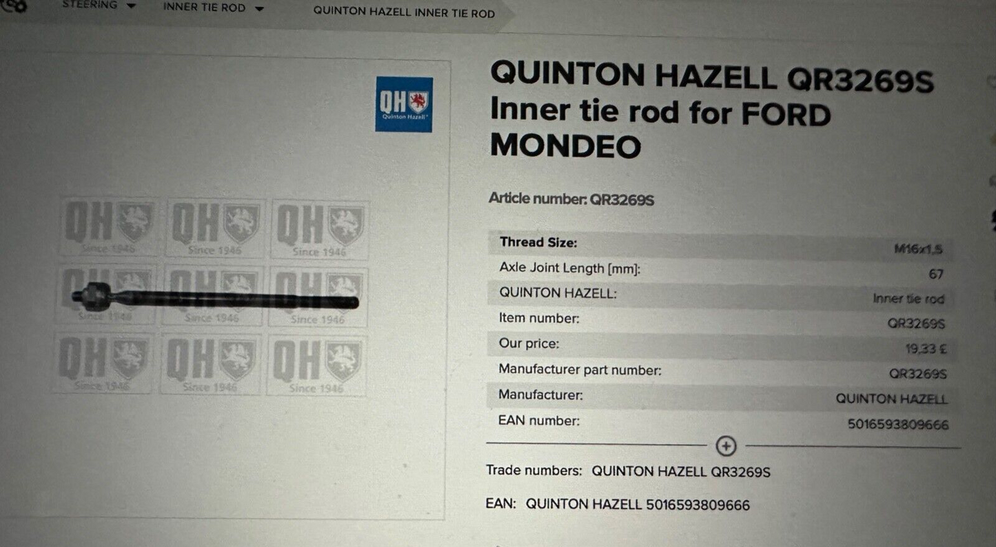 QR3269S QH Inner Rack End fits Ford Mondeo