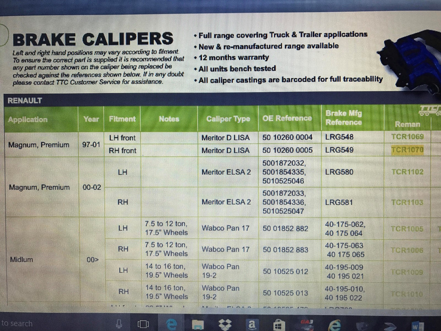 Brake Caliper Front RH for Renault Magnum Premium Meritor D Lisa TCR1070