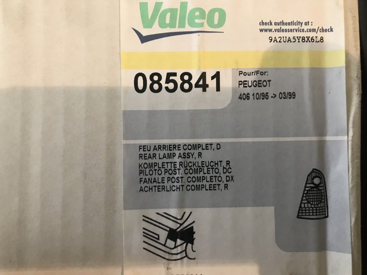 Rear Off Side Right Hand Light Lamp Peugeot 406 1995-1999 Valeo 085841