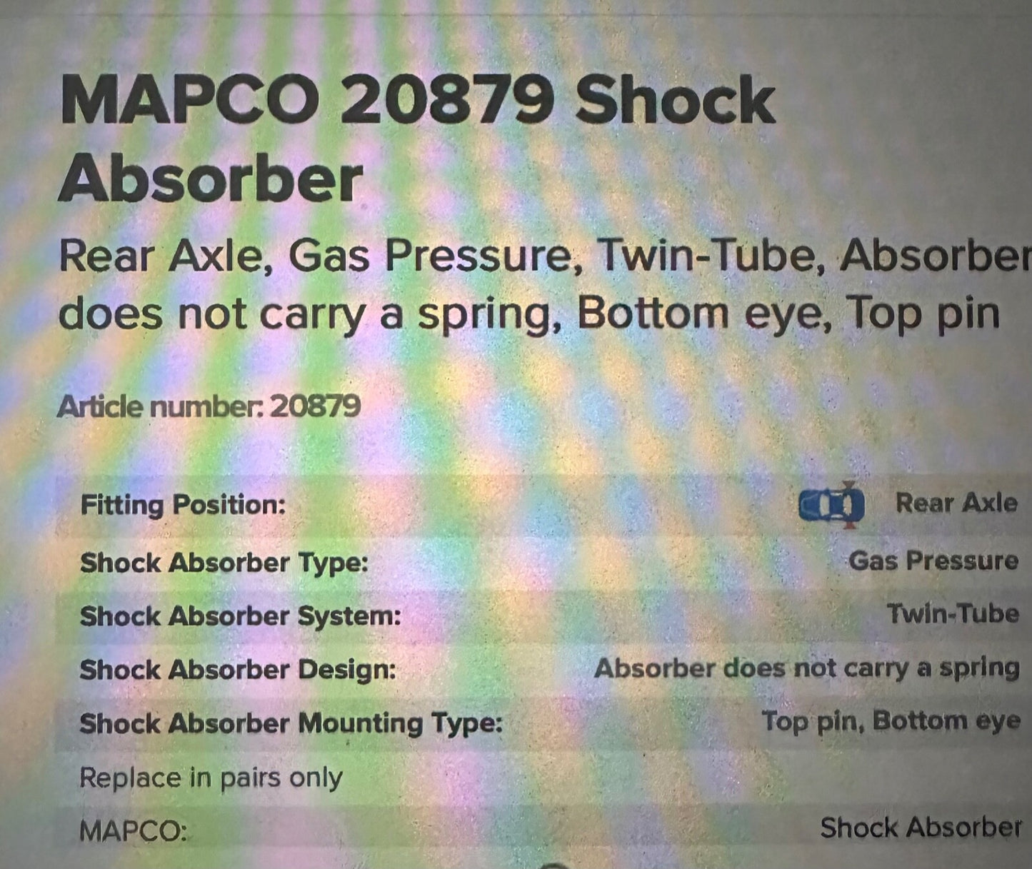 20879 Mapco Rear Shock Absorber fits Smart FourFour Mitsubishi Colt