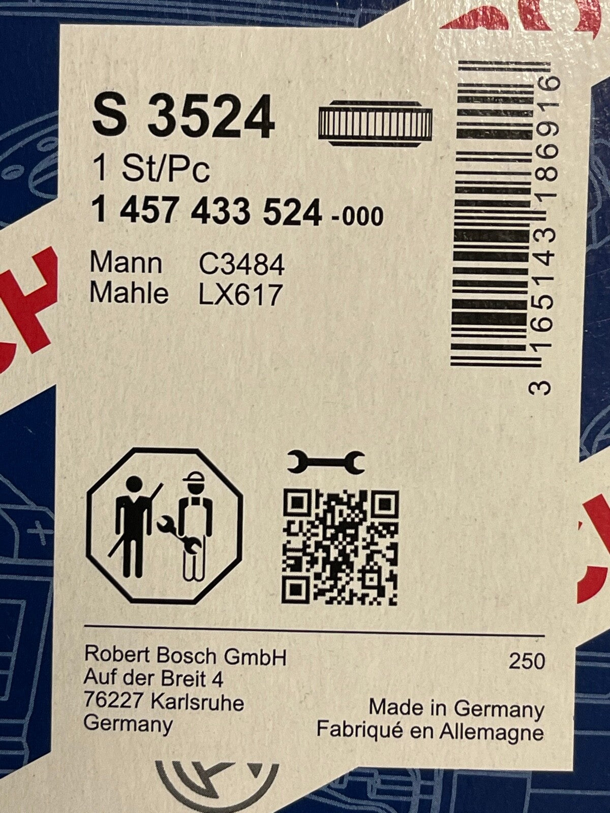 Bosch 1457433524 S3524 Air Filter fits Mercedes S Class SL