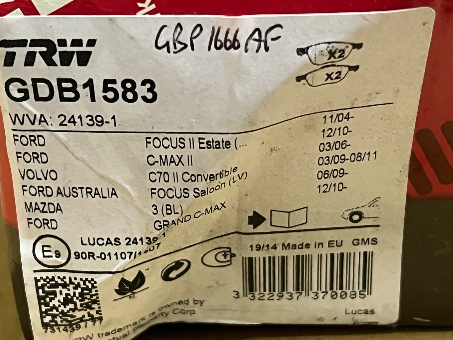 TRW GDB1583 Front Brake Pad Set fits Ford Focus C-Max Grand Volvo C70 Mazda 3