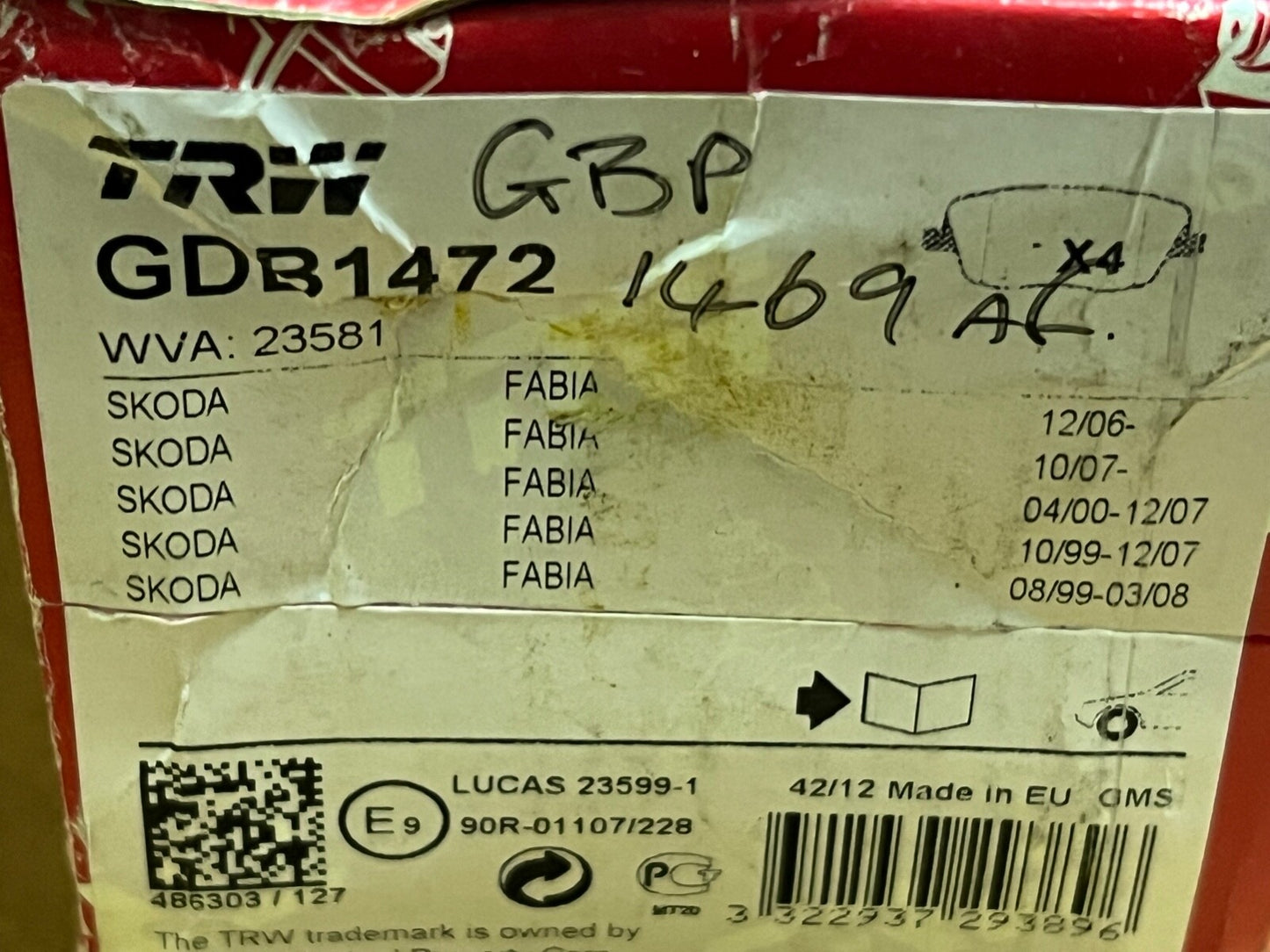 TRW GDB1472 Front Brake Pad Set fits Skoda Fabia Rooster Seat Ibiza VW Polo