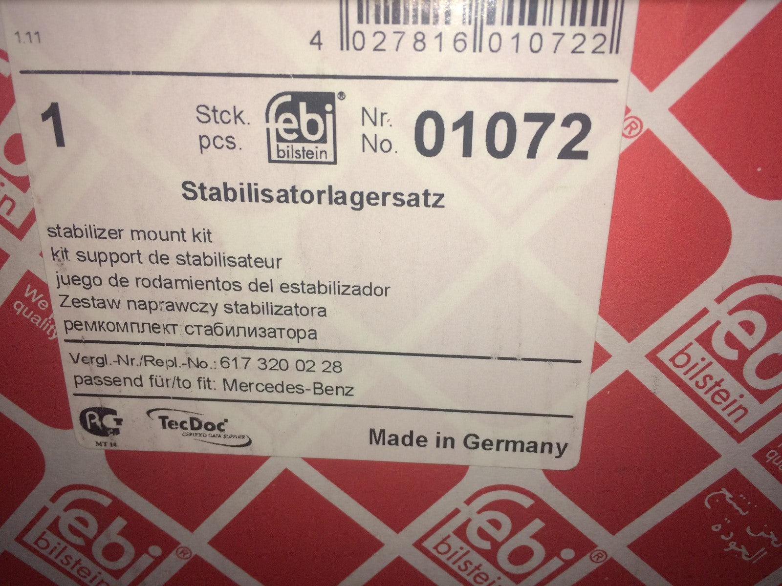 Rear Stabiliser Bearing / Bush Kit Mercedes Febi 01072 New