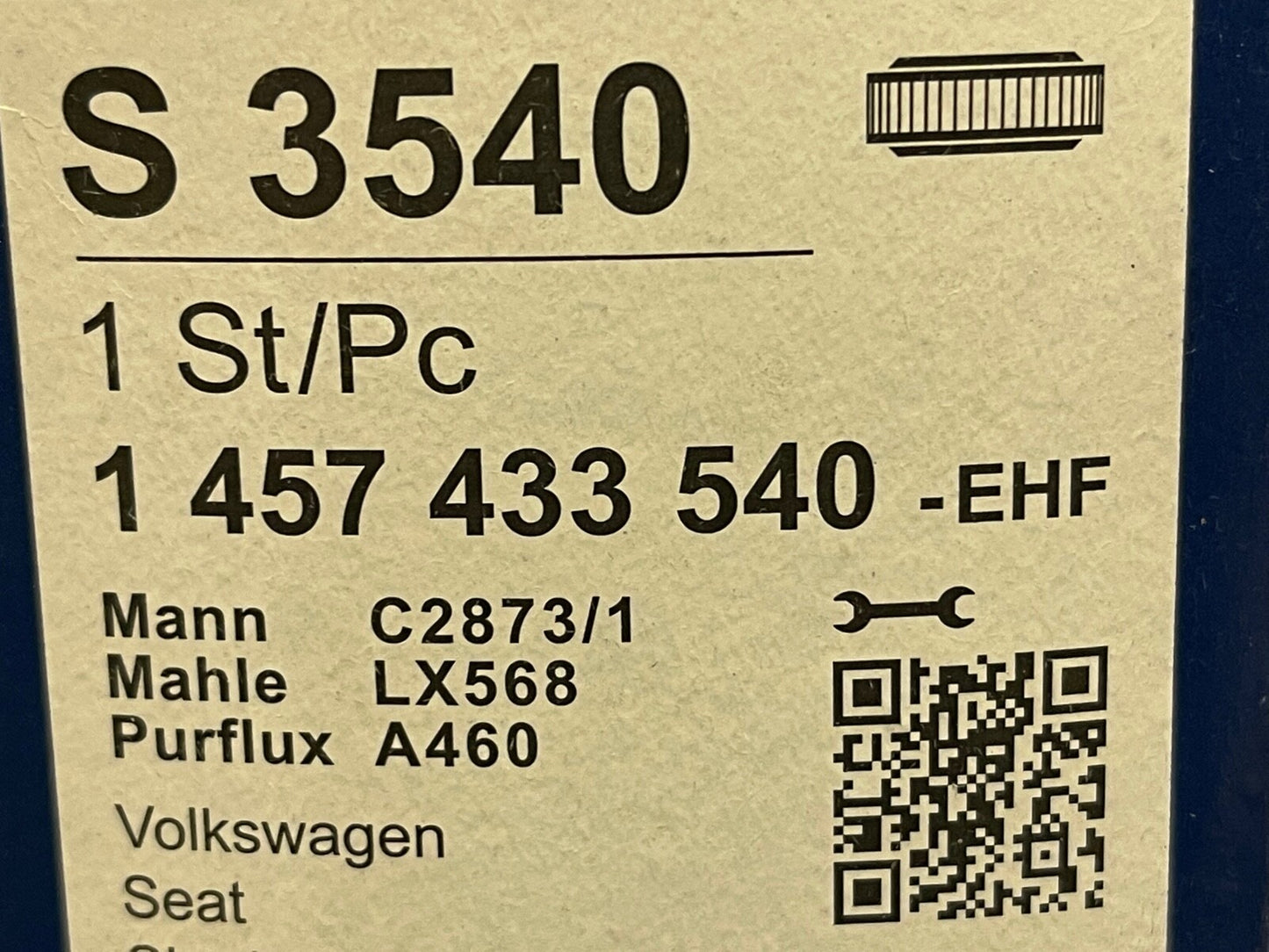 Bosch 1457433540 S3540 Air Filter fits Seat Skoda VW Volkswagen