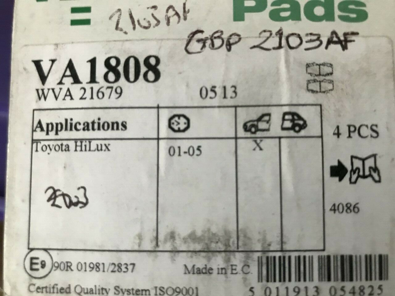 Veco VA1808 Front Brake Pad Set fits Toyota