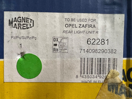 REAR LAMP fits Vauxhall ZAFIRA RIGHT Hand Off Side Magneti Marelli 62281