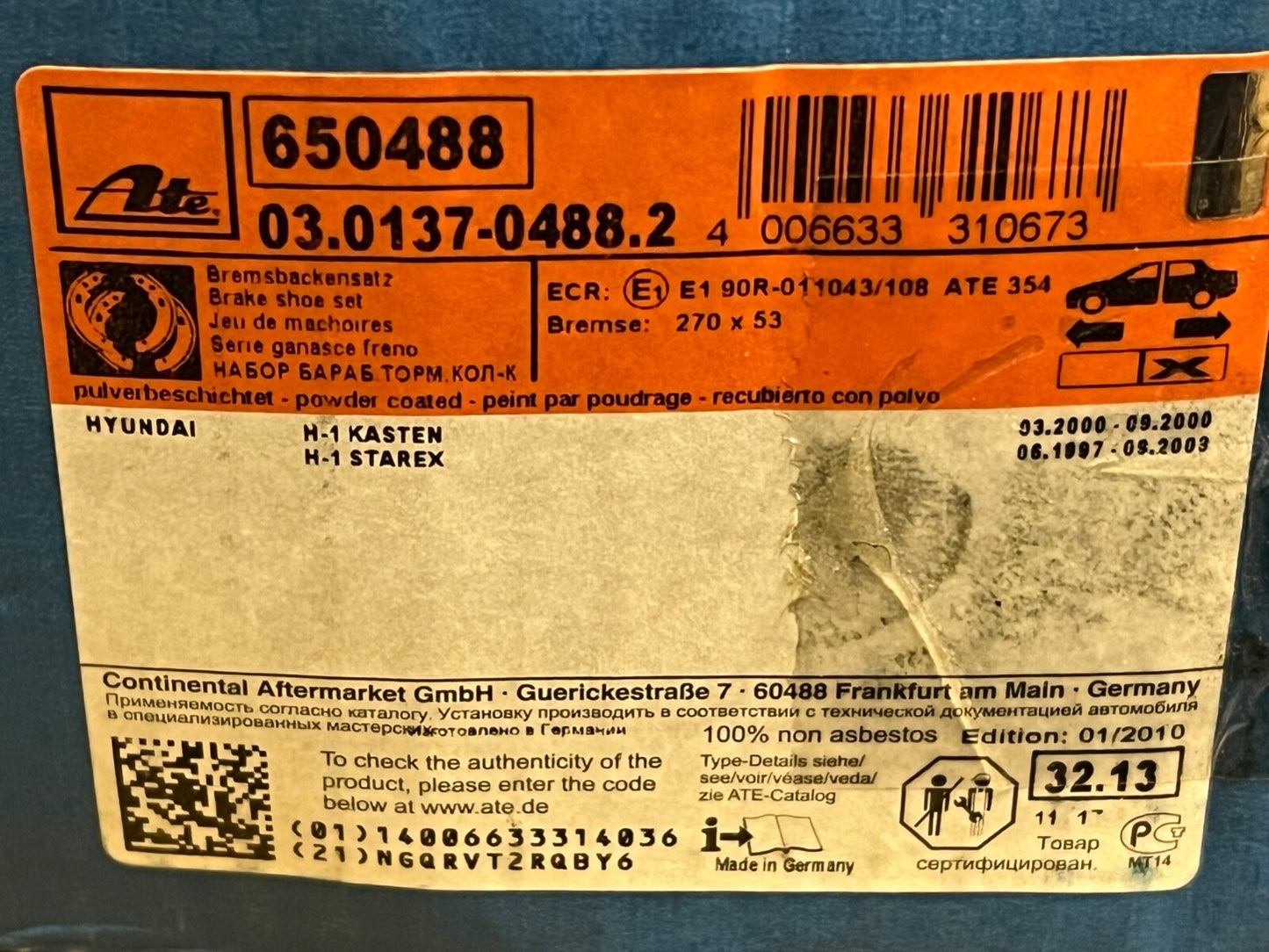 ATE 650488 Rear Brake Shoe Set fits Hyundai i800
