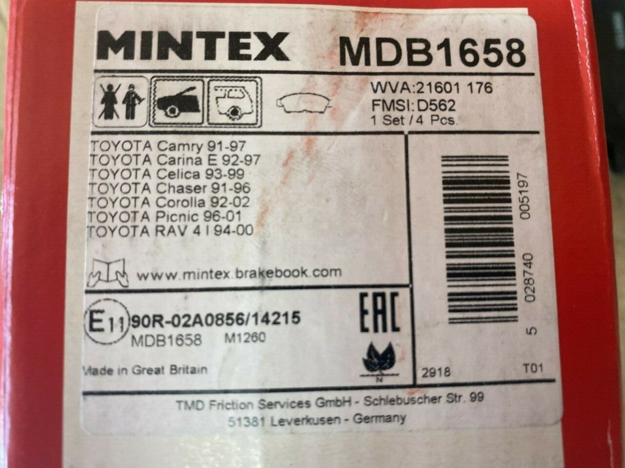Mintex MDB1658 Front Brake Pad Set fits Toyota