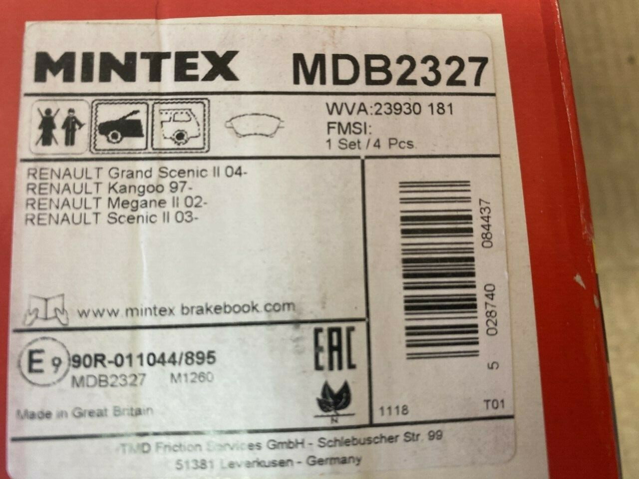 Mintex MDB2327 Front Brake Pad Set fits Renault