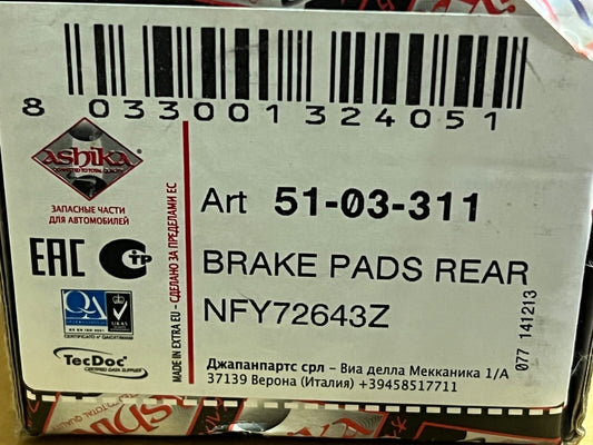 Ashika 51-03-311 Rear Brake Pad Set fits Toyota