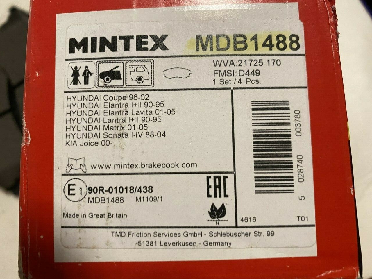 Mintex MDB1488 Front Brake Pad Set fits Hyundai Ssangyong