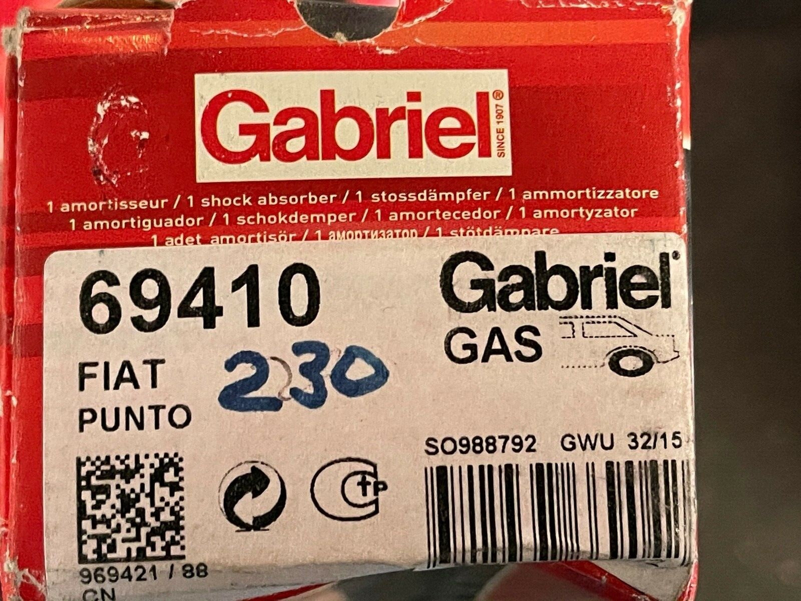 Gabriel 69410 343828 Rear Shock Absorber fits Fiat Punto