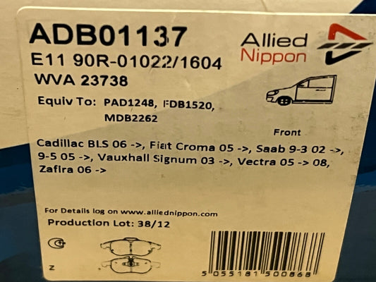 Allied Nippon ADB01137 Front Brake Pads fits Cadillac Fiat Saab Vauxhall