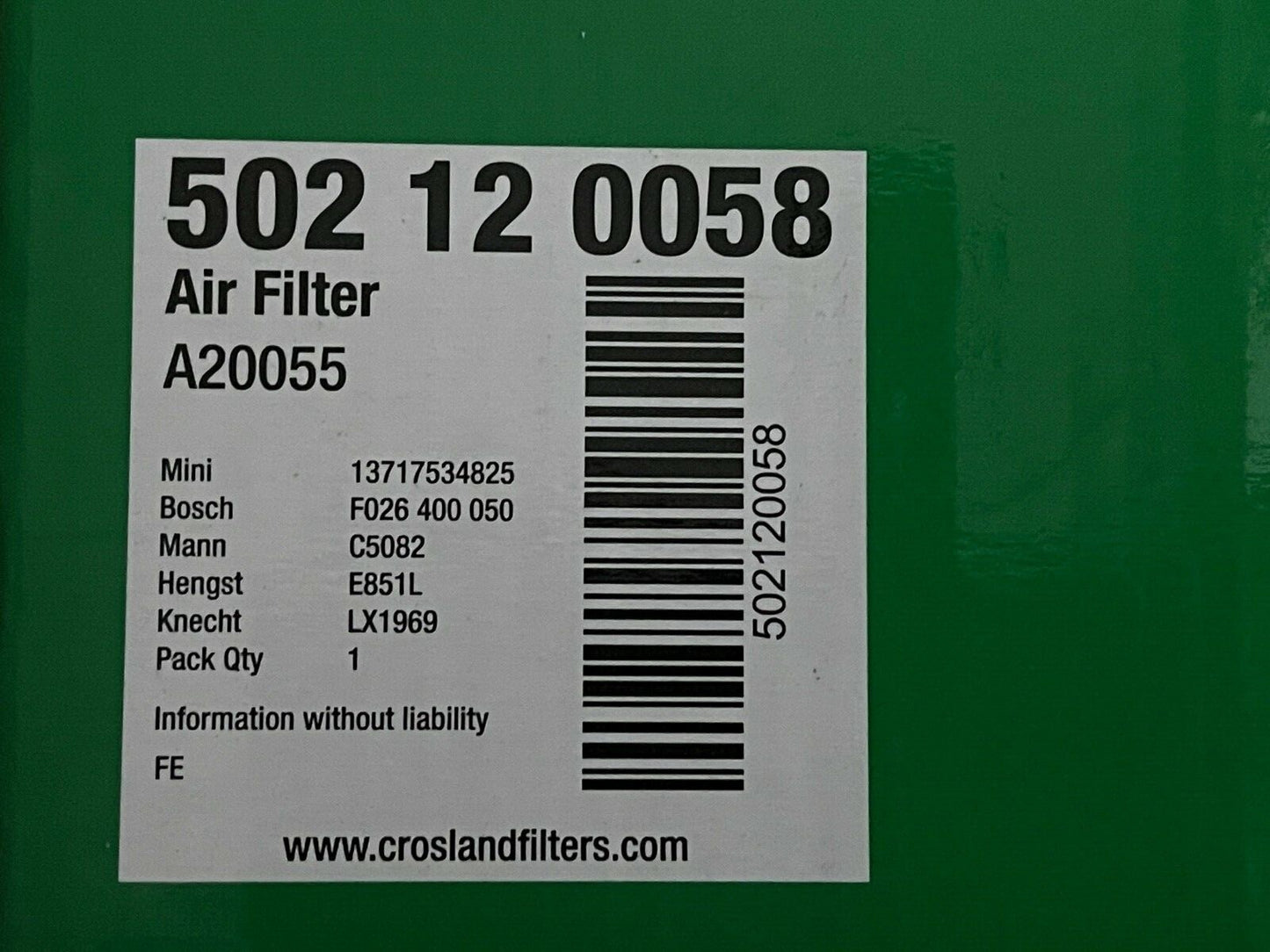 Crossland A20055 LX1969 Air Filter Fits Mini Citroen Peugeot