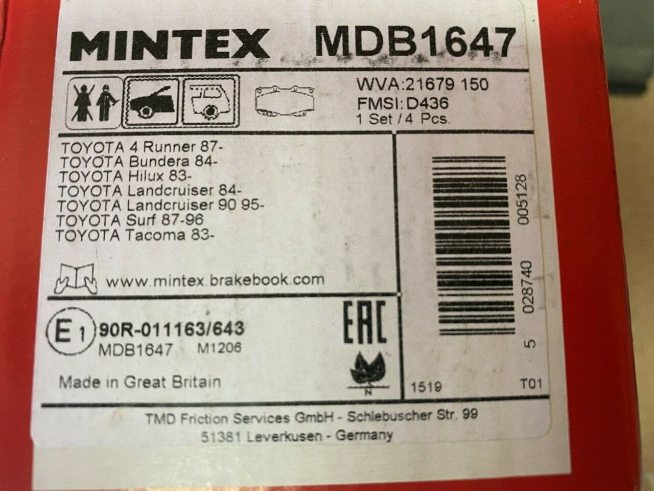 Mintex MDB1647 Front Brake Pad Set fits Toyota VW Volkswagon