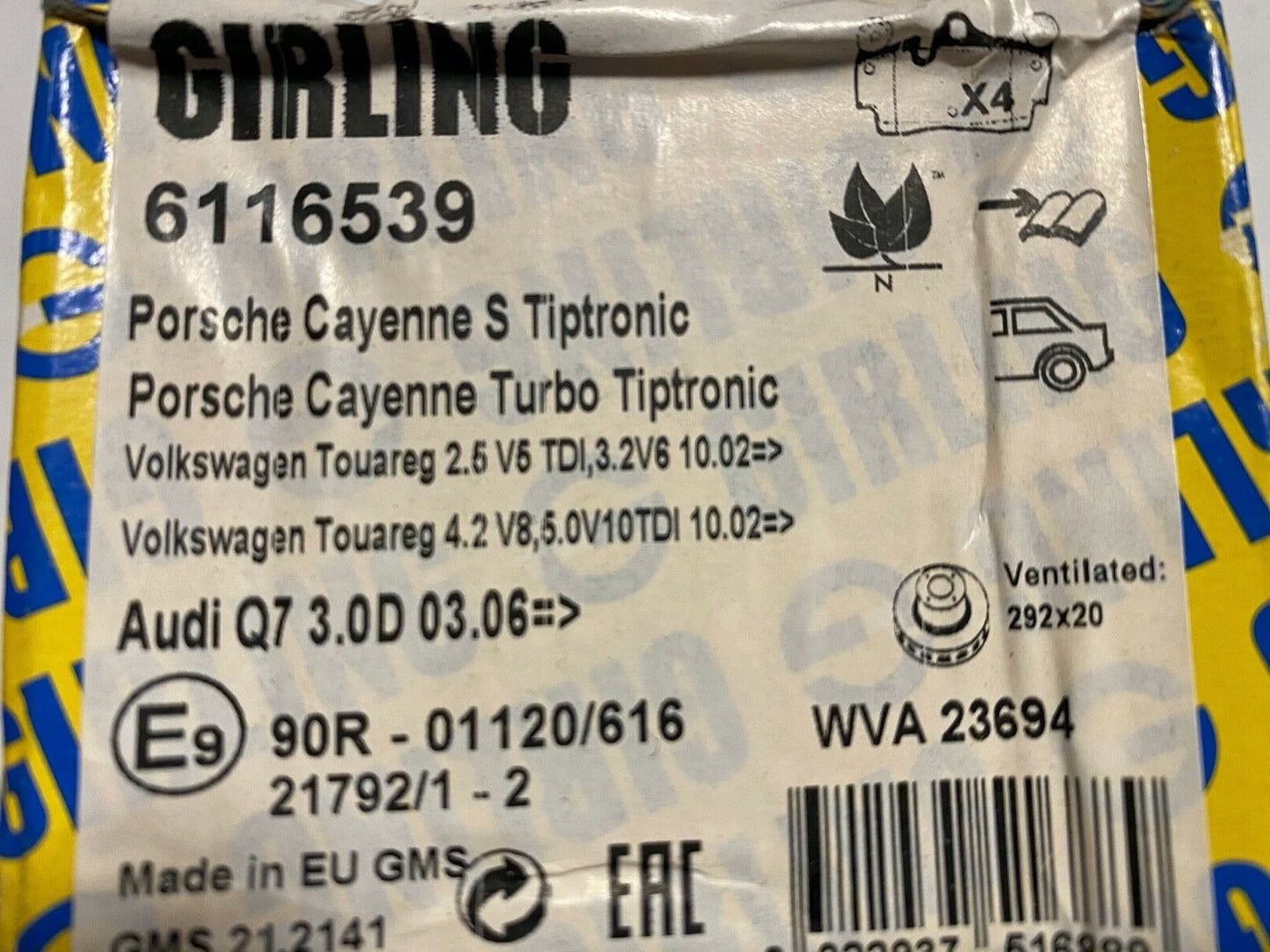 Girling 6116539 GDB1653 Rear Brake Pad Set fits Porsche VW Audi