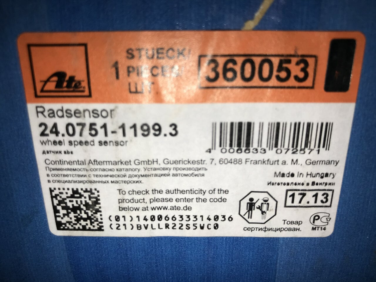 Rear ABS Sensor Ford KA 1997-2005 Genuine ATE 24.0751-1199.3 24075111993