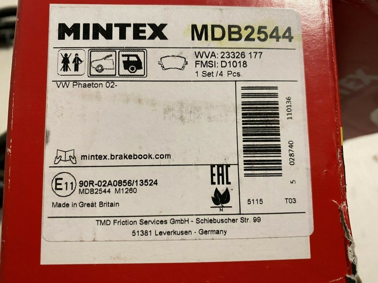 Mintex MDB2544 Rear Brake Pad Set fits VW Volkswagen