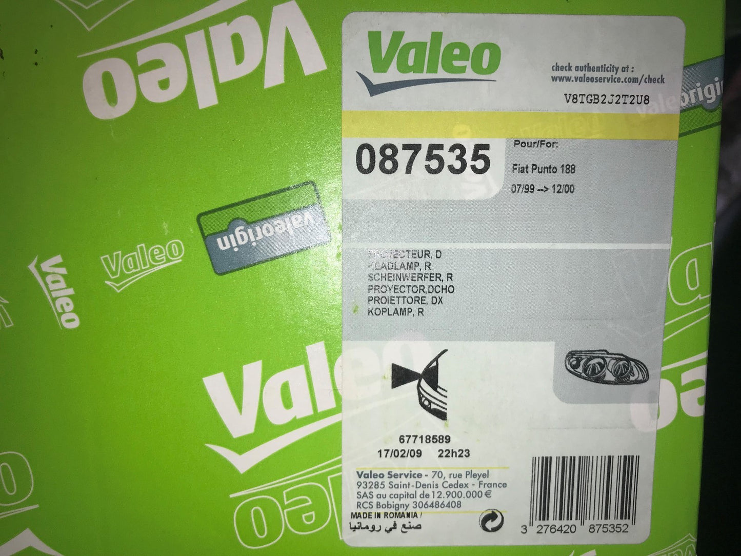 Headlight Lamp Off Side Right Hand OS RH Fiat Punto 188 Valeo 087535