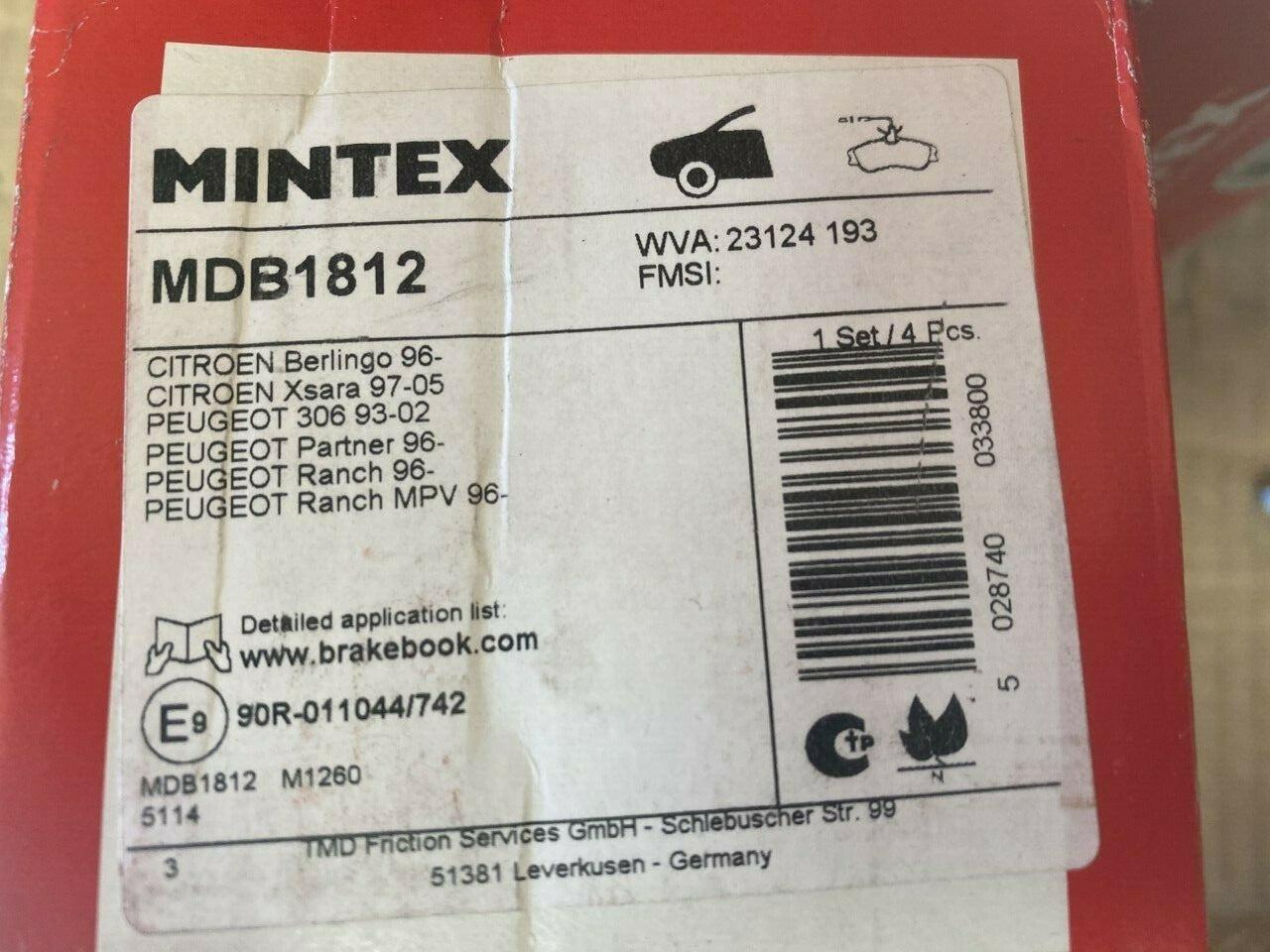 Mintex MDB1812 Front Brake Pad Set fits Citroen Peugeot