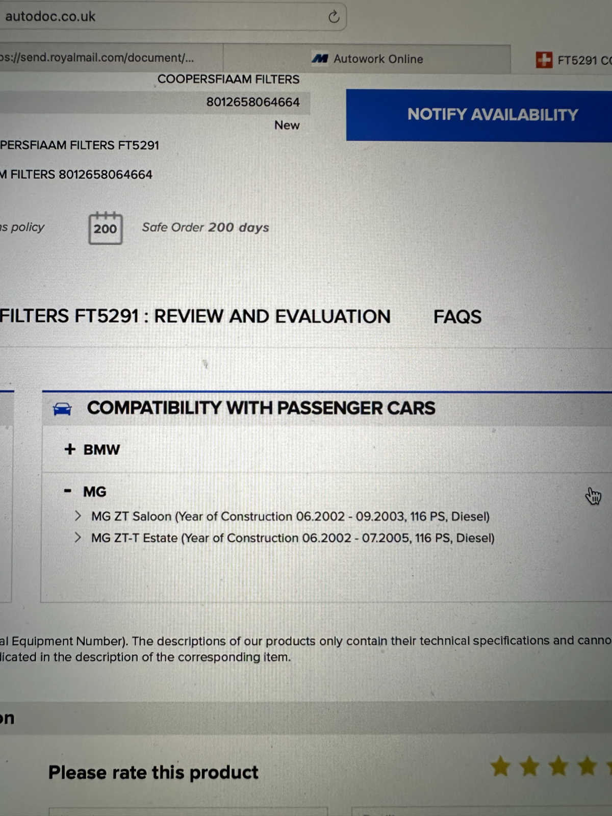 Coopers FIAAM FT5291 Diesel Fuel Filter fits BMW MG