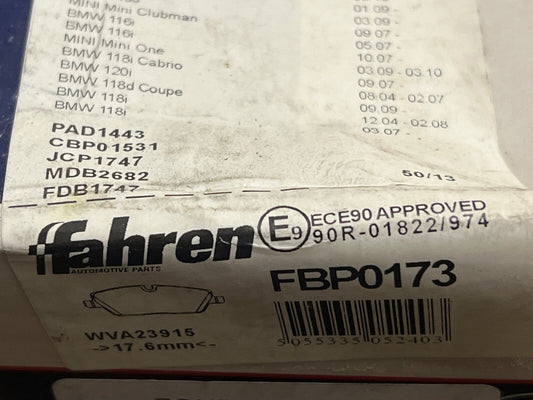Fahren FBP0173 Front Brake Pad Set fits BMW 1 Series Mini One Cabrio Clubman