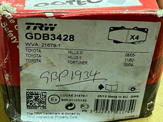 TRW GDB3428 Front Brake Pad fits Toyota Hi Lux II III Fortuner