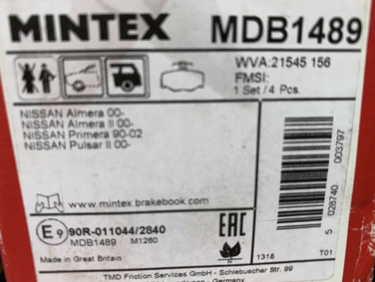 Mintex MDB1489 Rear Brake Pad Set fits Nissan