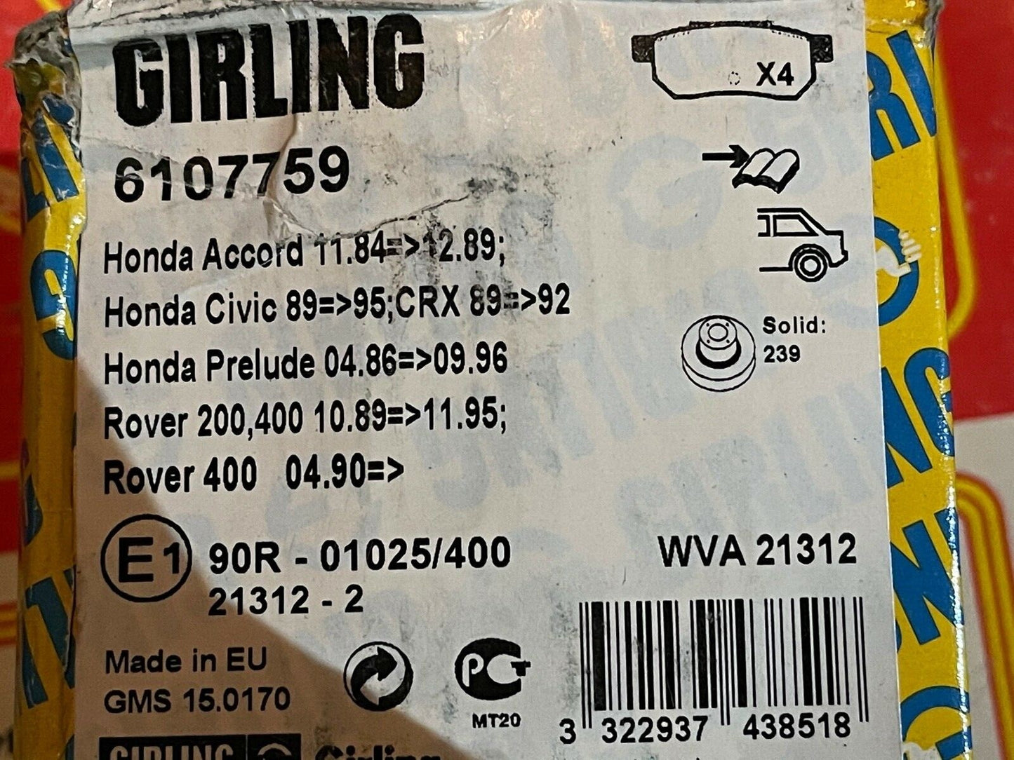 Girling 6107759 GDB775 Rear Brake Pad Set fits Honda