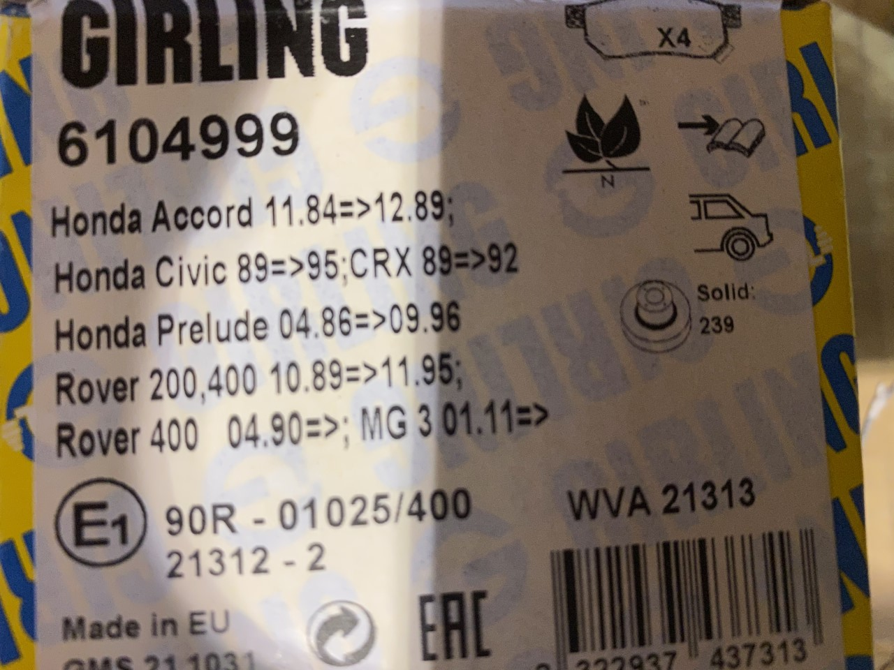 Girling 6104999 MDB1411 Rear Brake Pad Set fits Honda Rover MG