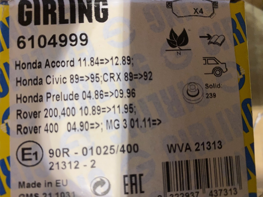 Girling 6104999 MDB1411 Rear Brake Pad Set fits Honda Rover MG