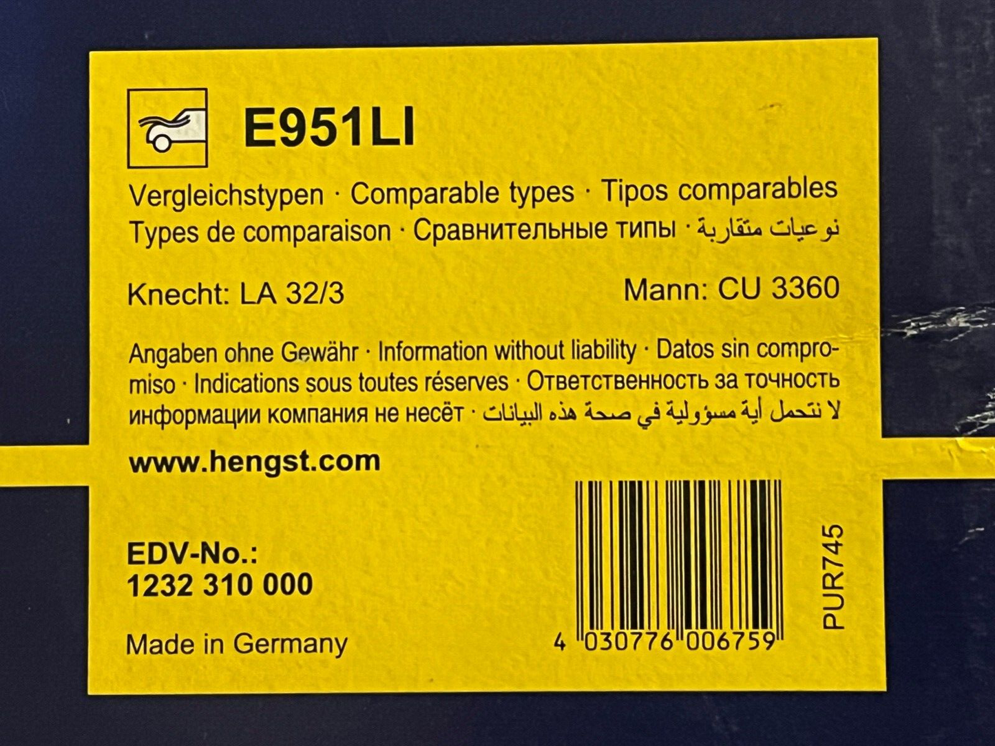 HENGST FILTER E951LI Pollen Filter for PORSCHE