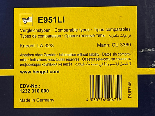 HENGST FILTER E951LI Pollen Filter for PORSCHE