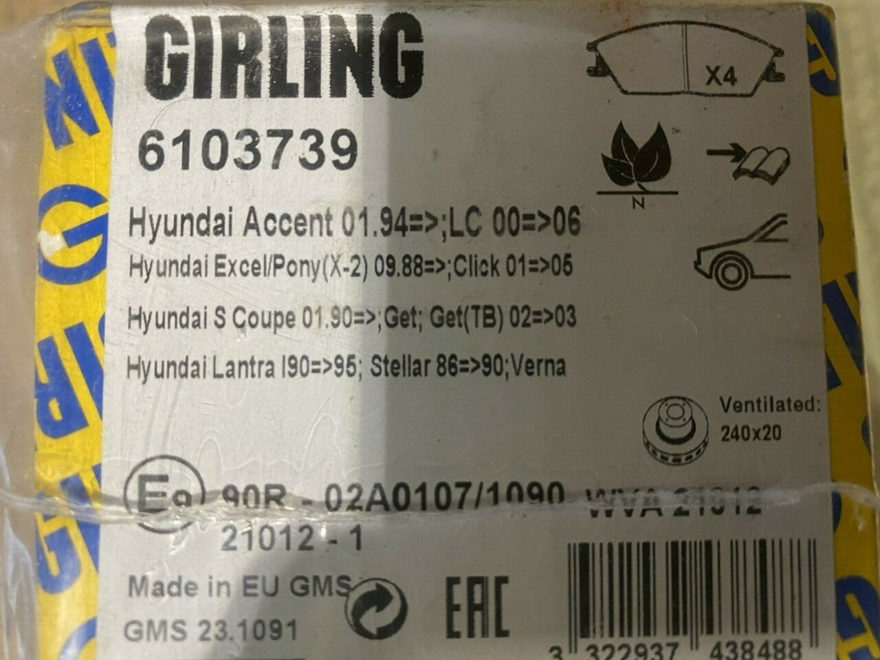 Girling 6103739 BBP1268 Front Brake Pad Set fits Hyundai Honda