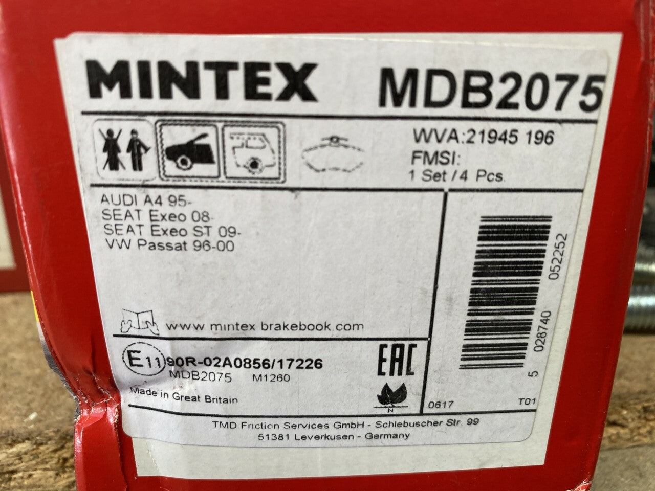 Mintex MDB2075 Front Brake Pad Set fits Audi Seat VW Volkswagon