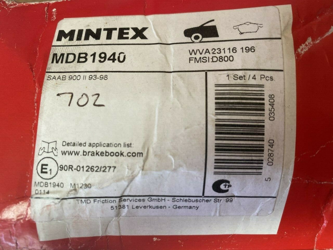 Mintex MDB1940 Front Brake Pad Set fits Saab