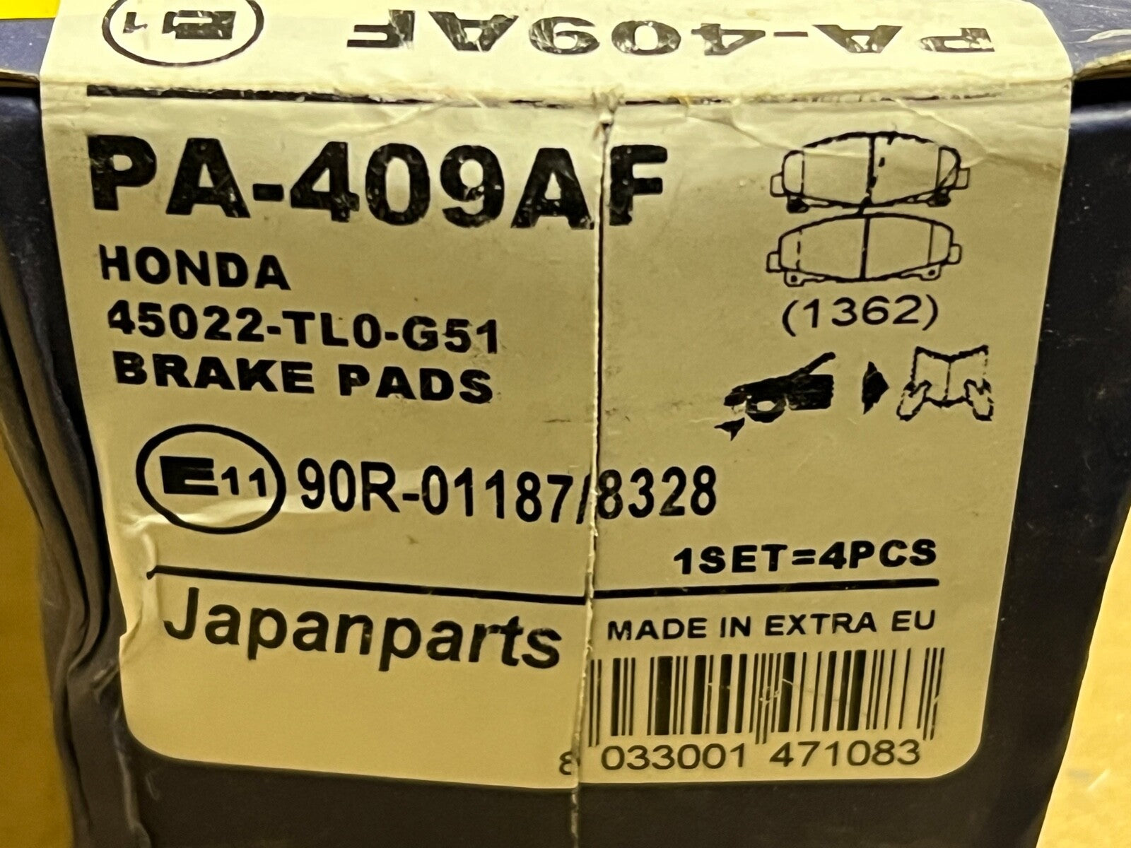 Japanparts PA-409AF Front Brake Pad Set fits Honda Accord 2008-2015