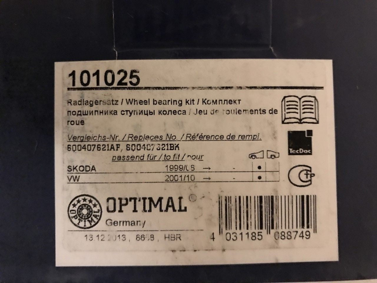 Front Wheel Bearing Skoda Fabia 99-08 Fabia 06-14 VW Fox 05-15 Polo 01-09 101025