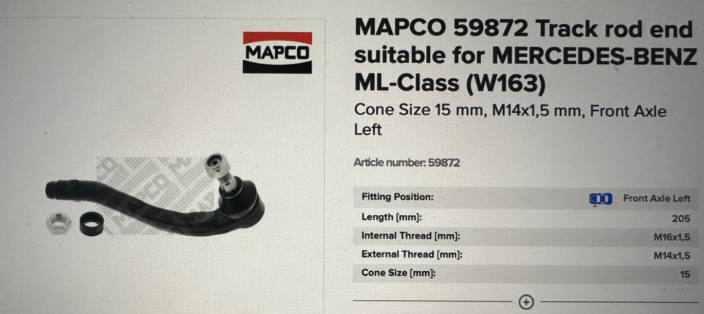 Mapco 59872 Front Left Hand Side Track Rod End fits Mercedes ML W163