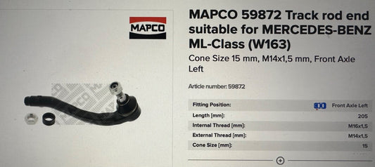 Mapco 59872 Front Left Hand Side Track Rod End fits Mercedes ML W163