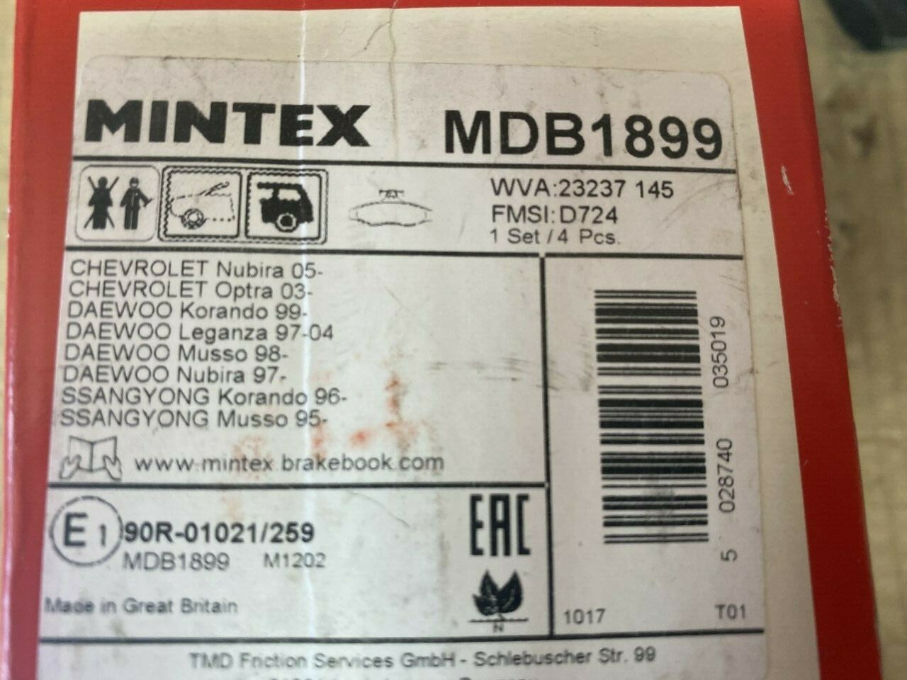 Mintex MDB1899 Rear Brake Pad Set fits Chevrolet Daewoo Ssangyong